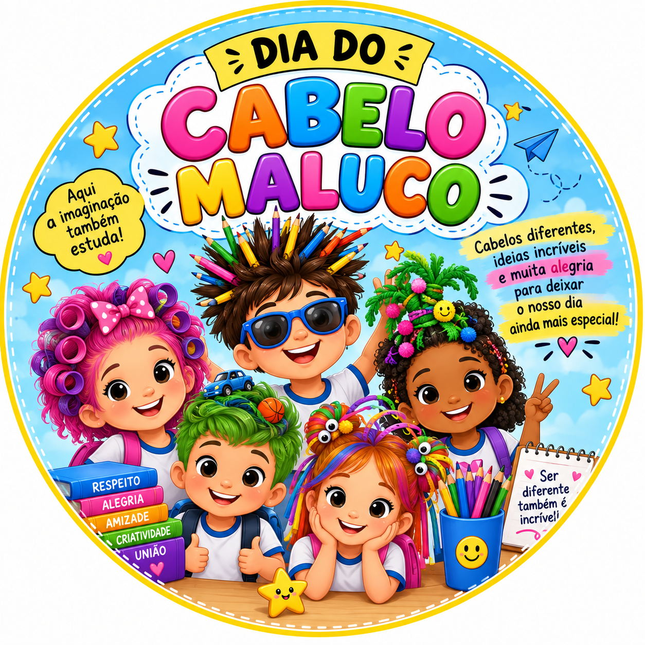 Painel redondo dia do cabelo maluco colorido